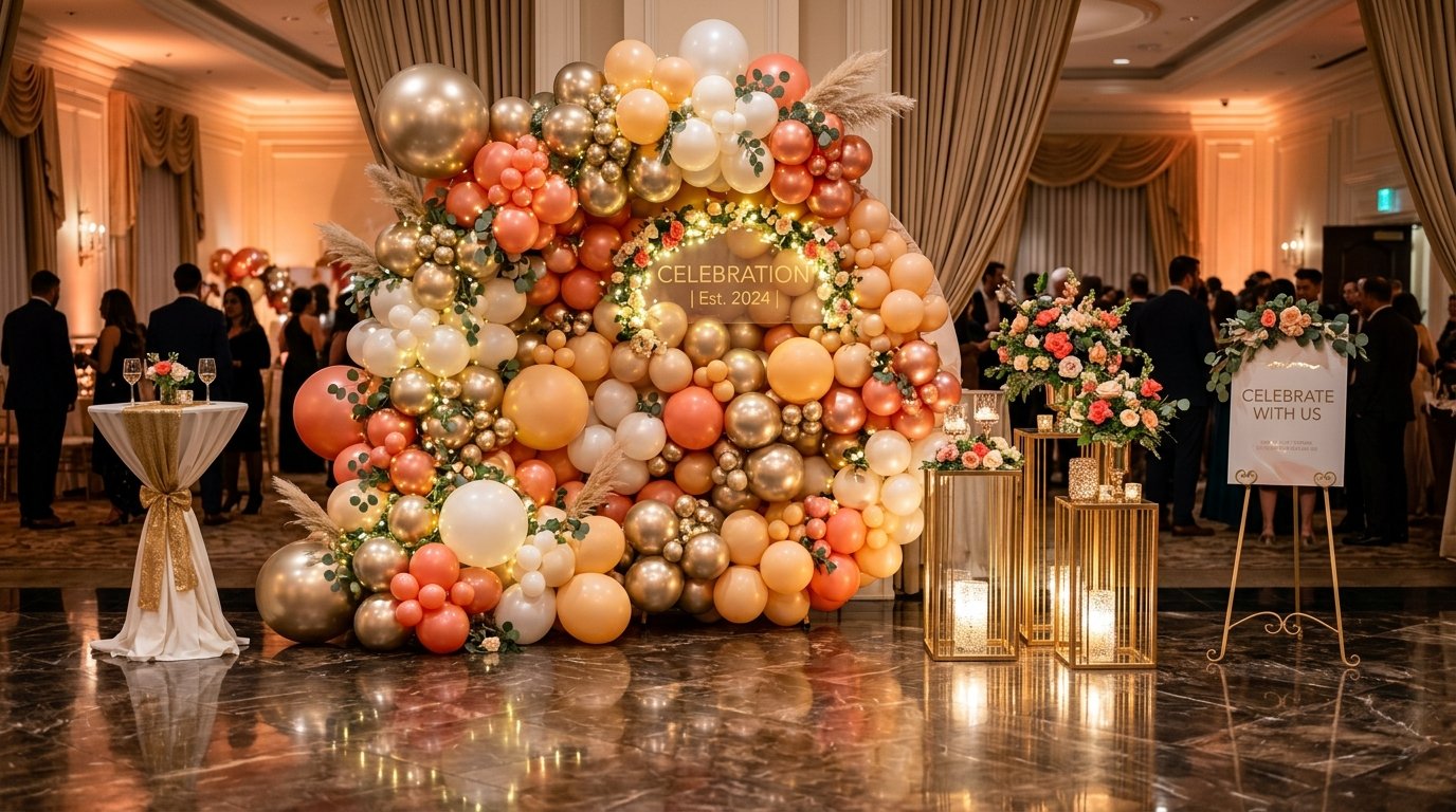 Luxury celebration balloon arch and backdrop decoration setup in Cuttack by Suhana Balloons